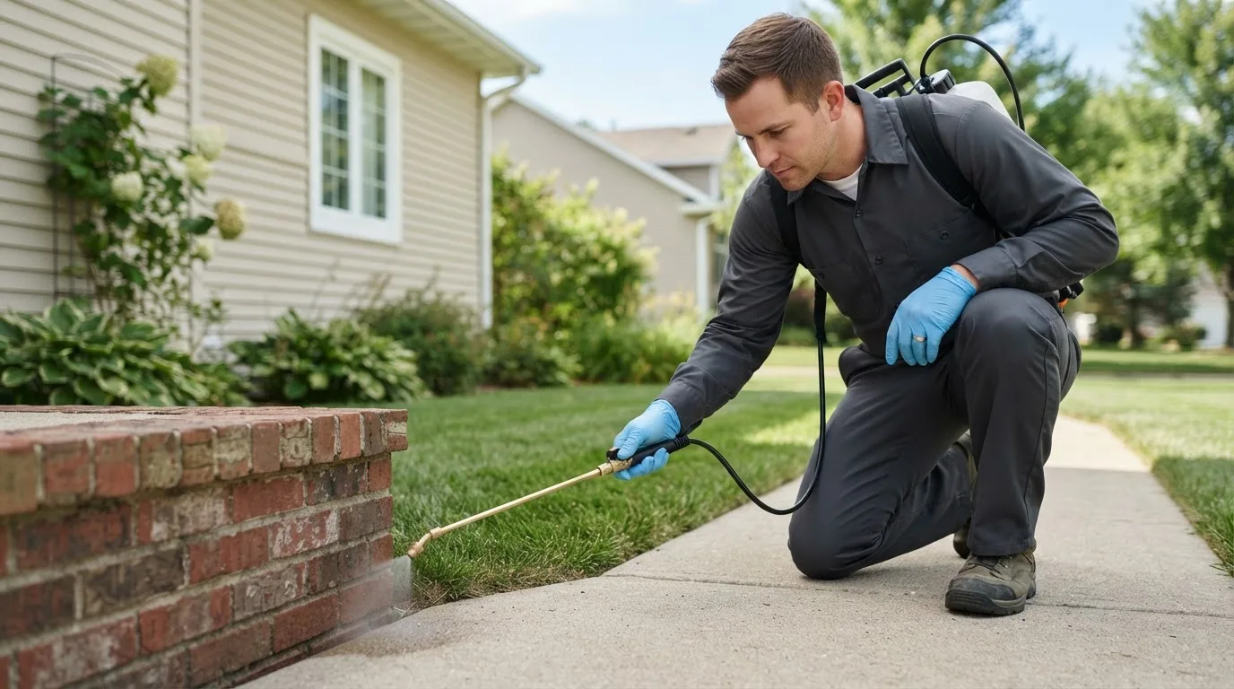 Pest control technician treating a home near Powells Point, NC